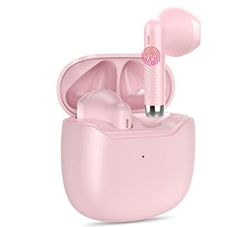 Auriculares Inalambricos, Auriculares Bluetoth 5.3, CVC8.0 Borrar Llamada, Reproducción de 30H, USB-C, Ultraligero y Confortable, Bajos Profundos, Control Táctil, IPX7 Impermeable(Rosa).