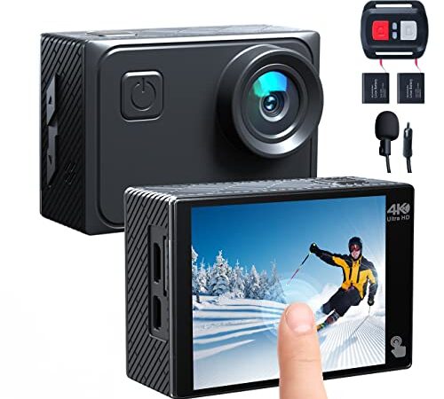 Cámara Deportiva 4K 60FPS 20MP Wi-Fi (Cámara deportiva Pantalla Táctil Zoom 8X, Micrófono Dual, Control Remoto, EIS Mejorado, Camara Subacuática 40M Modo de Buceo, 2x1350mAh Baterías