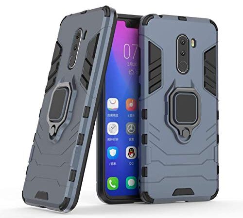 Compatible con Xiaomi Pocophone F1 Funda, Anillo Metálico Sujeción Soporte Antichoque Rígido Caja (Funciona con el Montaje de Coche Magnético) Doble Capa Sólido Case Carcasa - Azul Marino