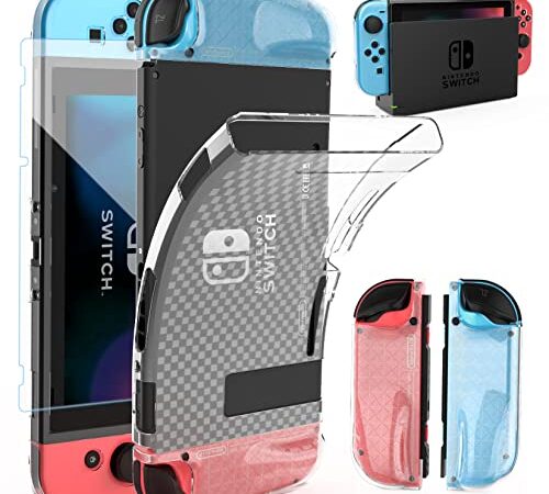 HEYSTOP Carcasa Compatible con Nintendo Switch, Funda Nintendo Switch con Protector de Pantalla para Nintendo Switch Console y Grip con 6 Agarres para el Pulgar, Nueva Versión