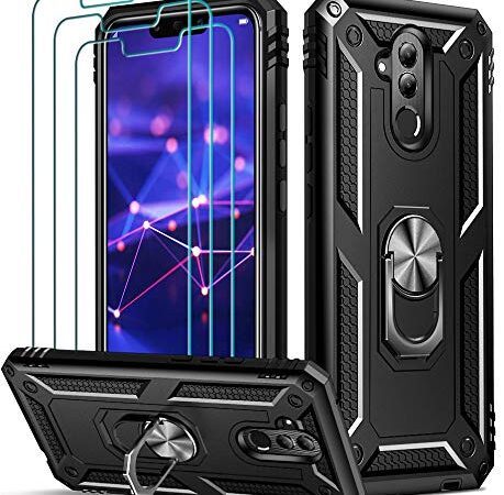 ivoler Funda para Huawei Mate 20 Lite con [Cristal Vidrio Templado Protector de Pantalla *3], Anti-Choque Carcasa con Anillo iman Soporte, Hard Silicona TPU Caso - Negro