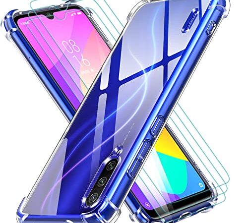 ivoler Funda para Xiaomi Mi A3 con 3 Piezas Cristal Templado, Carcasa Protectora Anti-Choque Transparente, Suave TPU Silicona Caso Delgada Anti-arañazos Case