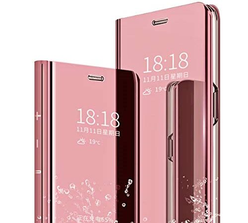 MLOTECH Funda para Huawei P30 Lite,Funda Case + Cristal Templado Flip Clear View Translúcido Espejo Standing Cover Slim Fit Anti-Shock Anti-Rasguño Mirror 360°Protectora Cubierta Oro Rosa