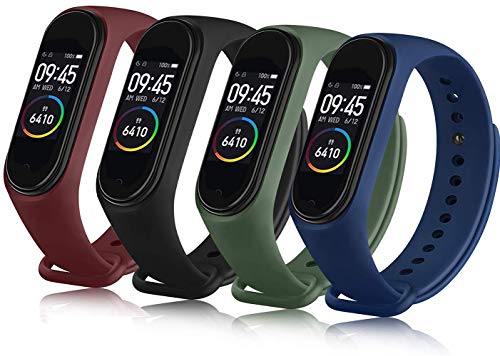 Ventdest 4 Pack Correa Compatible con Xiaomi Mi Band 4 Xiaomi Mi Band 3, Pulseras Reloj Recambio Silicona Suave para Xiaomi Mi Smart Band 4/3 (Negro/Azul/Verde Ejército/Vino Rojo)