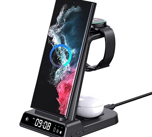 Cargador Inalambrico con Samsung Galaxy S22 Ultra, Wireless Charger con Samsung Galaxy Watch 4 3 Active 2, 3 en 1 Base de Carga con Reloj Digital para Samsung Galaxy S22, S21, S20, Galaxy Buds Pro