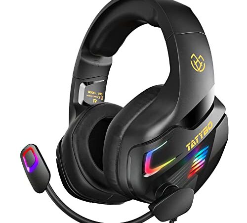 Cascos Gaming con Micrófono, Cascos PS4 con Nivel de Sonido Envolvente Rico, Orejeras Grandes y 4 Modo Luz RGB, Auriculares Gaming para PS4 PS5 PC Xbox One Switch (Negro)