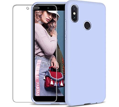 Funda Xiaomi Mi A2 + Protector de Pantalla de Vidrio Templado, Carcasa Ultra Fino Suave Flexible Silicona Colores del Caramelo Protectora Caso Anti-rasguños Back Case - Morado Claro