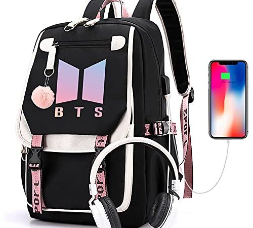 Kpop BTS School Backpack Merchandise, Cuenta con USB y Audio Cable Romper, Adecuado Para Los Estudiantes, BTS Mochilas Portátiles y Mochila Casual