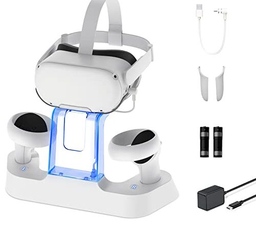 NexiGo Base de Carga Mejorada con Luz LED para Oculus Quest 2, Expositor de Auriculares y Soporte de Controlador, 2 Baterías Recargables, Cable Magnético