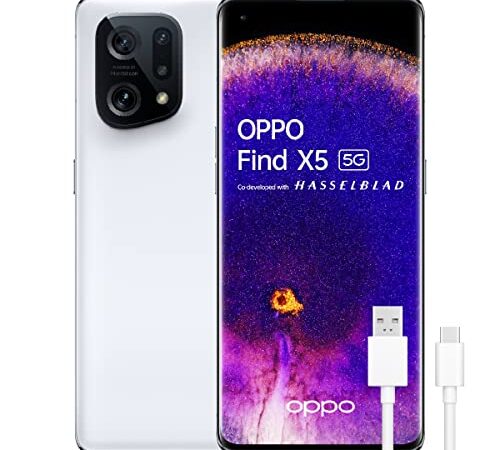 OPPO Find X5 5G – Smartphone 256GB, 8GB RAM, Dual SIM, Pantalla 6,5”, Cámara 50MP+50MP+13MP, Vídeo 4K Nocturno, Batería 4800 mAh, Vídeo 4k, Carga Rápida 80W – Blanco