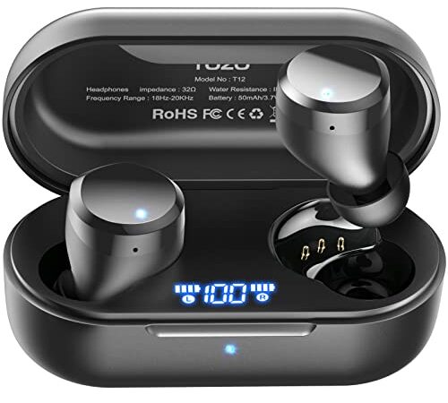 TOZO T12 Auriculares Bluetooth con Control táctil y Estuche de Carga inalámbrica Pantalla LED de Inteligencia Digital IPX8 Impermeables con micrófono Incorporado Bajos Profundos para Deporte Negro