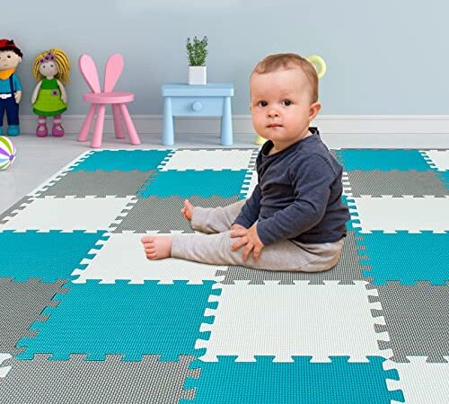 Yostrong® EVA Espuma Alfombra Puzzle Bebe Acolchada | Manta Juegos Gateo Bebes | Suelo Gimnasio de Goma Esterilla Fitness, 18 Piezas con Bordes Rectos. Blanco, Gris, Verde Oscuro. YOC-ALPb18S18