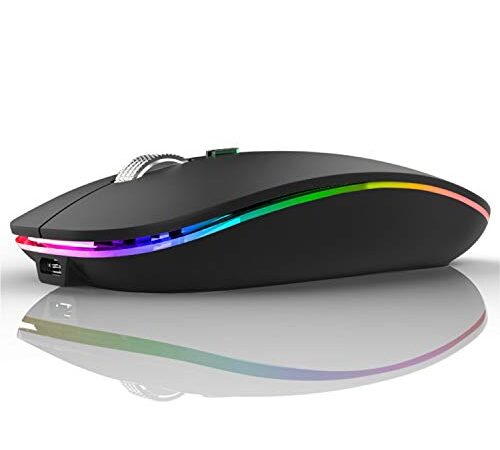 Uiosmuph G12 Ratón Inalámbrico Recargable, Ultra Delgado Receptor Nano Wireless Mouse 1600 dpi Ajustables Silencioso Mini Mouse Multicolor LED para Computadora Portátil, PC, Macbook (Negro Mate)