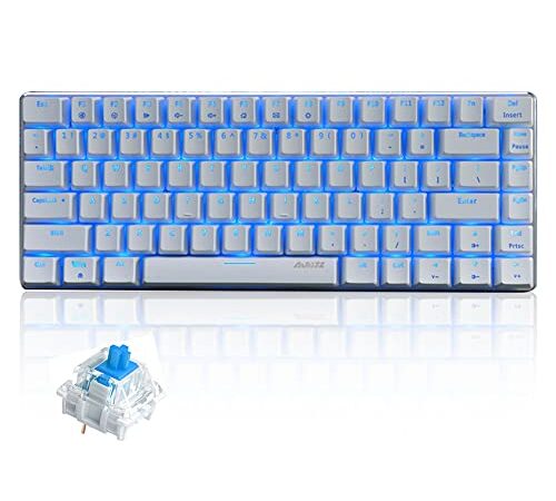 AK33 80% Teclado Mecánico para Juegos Interruptor Azul Mechanical Game Keyboard con Azul LED Retroiluminación USB-C Cable 82 Teclas Anti-Ghosting QWERTY Panel de Metal para PC Mac y Portátil-Blanco