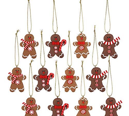 Sea Team Assorted Clay Figurine Ornaments Traditional Gingerbread Man Doll Gingerman Hanging Charms Christmas Tree Ornament Holiday Decorations, 1.97 Inches, Set of 12