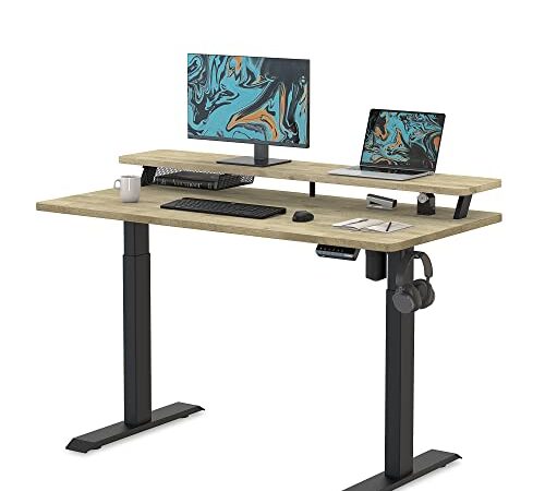 Fenge Escritorio de Pie Eléctrico con Cajón 118x60cm Standing Desk Altura Ajustable con 3 Teclado de Memoria Automática y USB, Instalar Rápido, Capacidad máxima 120kg(Color Parquet)