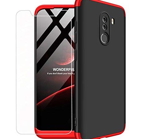 MLOTECH Funda para Xiaomi Pocophone F1, Carcasas + Cristal Templado PC Hard Case 360 Grados Slim Fit Mate Anti-Shock Anti-Rasguño Protectora Cubierta-Rojo Negro