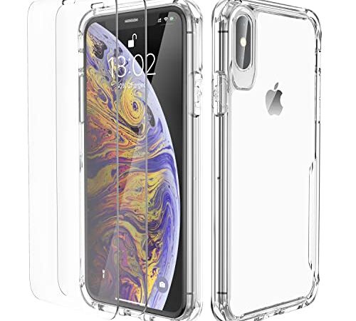 ORETECH Funda Transparente para iPhone X/XS,con [2x Vidrio Cristal Templado Protector de Pantalla] TPU Silicona Bumper Carcasa Antichoque Anti-Arañazos Antigolpes Caso Case para iPhone X/XS 5.8"-Clara