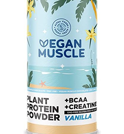Proteína Vegana Vegan Muscle - Sabor Vainilla - Vegan Proteina vegetal de Guisante, Arroz y semillas Germinadas de Cañamo, Girasol. Enriquecido con BCAA y Creatina - 600gr proteinas para masa muscular